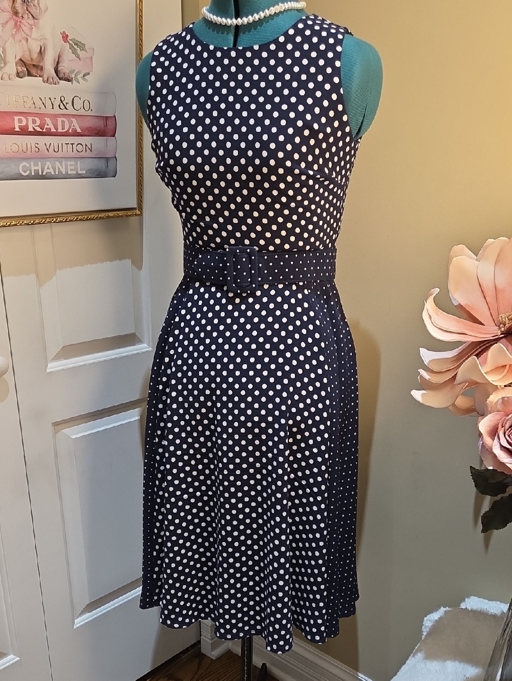 Nwot 6 Danny & Nickole Sleeveless Navy Polka Dot Midi Dress with Belt And Pocket